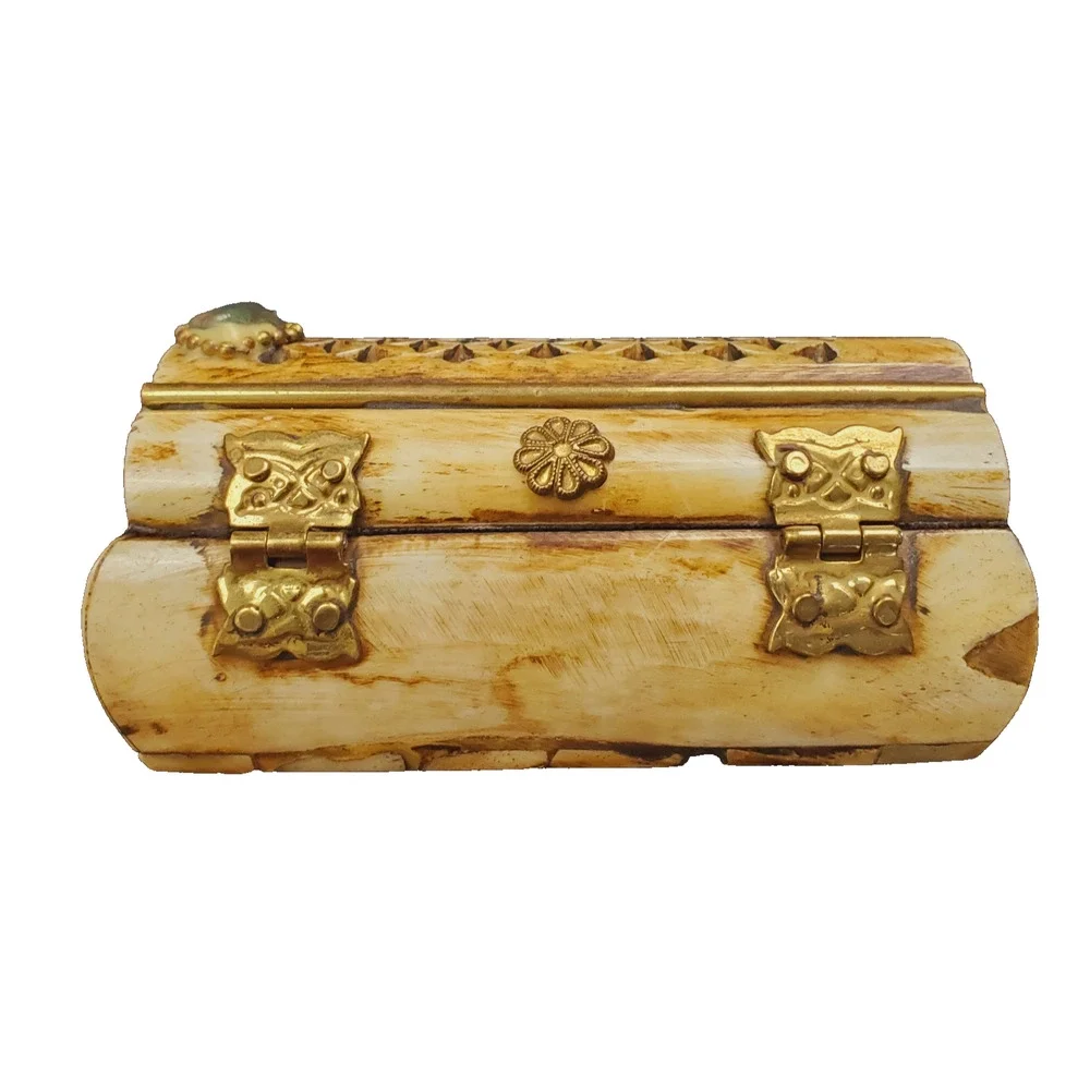 Vintage Camel Bone Jewelry Trinket Box - Brass Inlay Work Handmade Collectible
